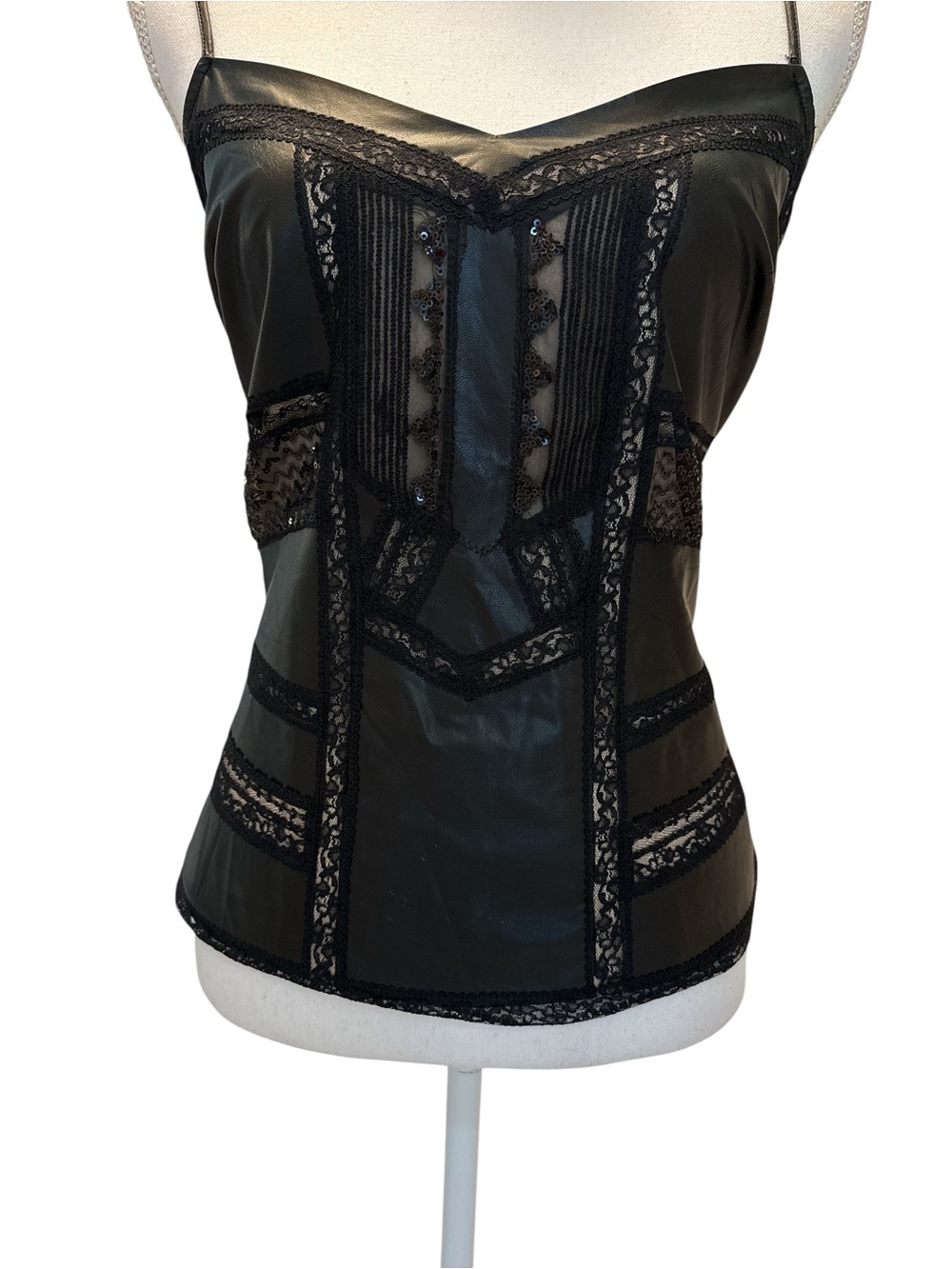 Vintage Bebe Faux Leather Lace Cami Y2K 90s Top Sequin Cami Corset L